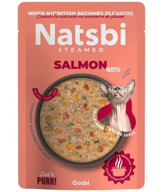 Gosbi - cat Natsbi Steamed, Salmon in Broth Fresh Food - Grain-Free, Complete Meal for All Life Stages - 80g
