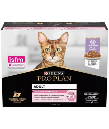 Purina  Pro Plan - cat Adult Delicate Digestion Wet Cat Food, Turkey in Gravy - 10 pouches x 85g