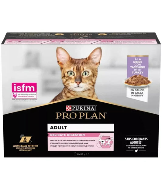 Purina  Pro Plan - cat Adult Delicate Digestion Wet Cat Food, Turkey in Gravy - 10 pouches x 85g