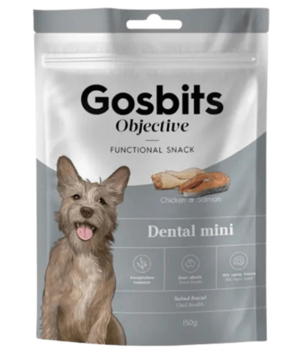 Gosbi - dog Gosbits Objective, Chicken & Salmon Adult Treats – Dental, Reduce Bad Breath and Plaque Formation, All Natural For Mini and Small Breeds 150g