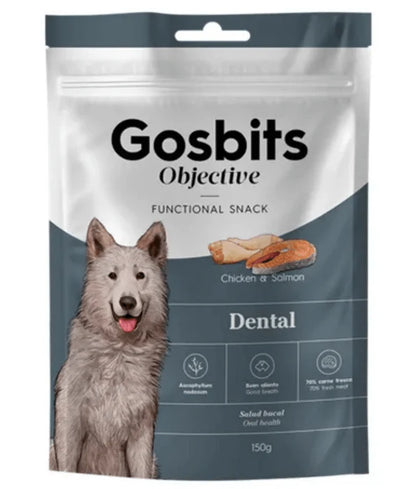 Gosbi - dog Gosbits Objective, Chicken & Salmon Adult Treats – Dental, Reduce Bad Breath and Plaque Formation, All Natural 150g