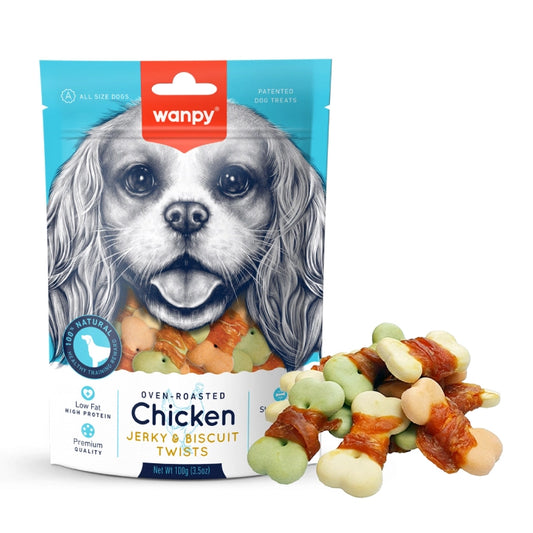 Wanpy - dog Chicken Jerky and Biscuit Twists 100g