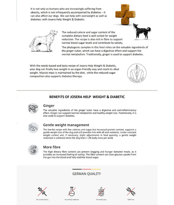 Josera - dog Help Weight & Diabetic Dry Food – Low Sugar, High Fibre Vet Diet for Overweight & Diabetic Adult Dog – 10kg