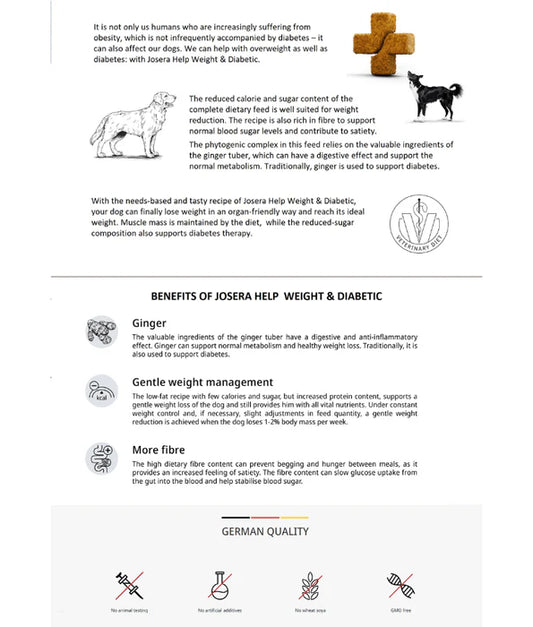 Josera - dog Help Weight & Diabetic Dry Food – Low Sugar, High Fibre Vet Diet for Overweight & Diabetic Adult Dog – 10kg