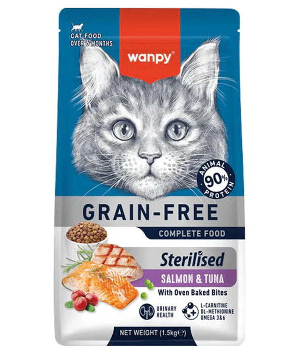 Wanpy - cat Grain-Free Salmon & Tuna Sterilized Adult Cat Food, Weight Control, Urinary Support - 1.5 kg