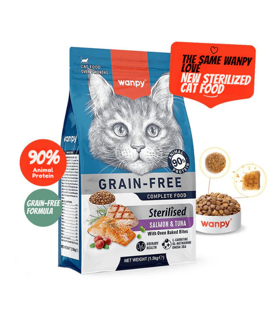 Wanpy - cat Grain-Free Salmon & Tuna Sterilized Adult Cat Food, Weight Control, Urinary Support - 1.5 kg