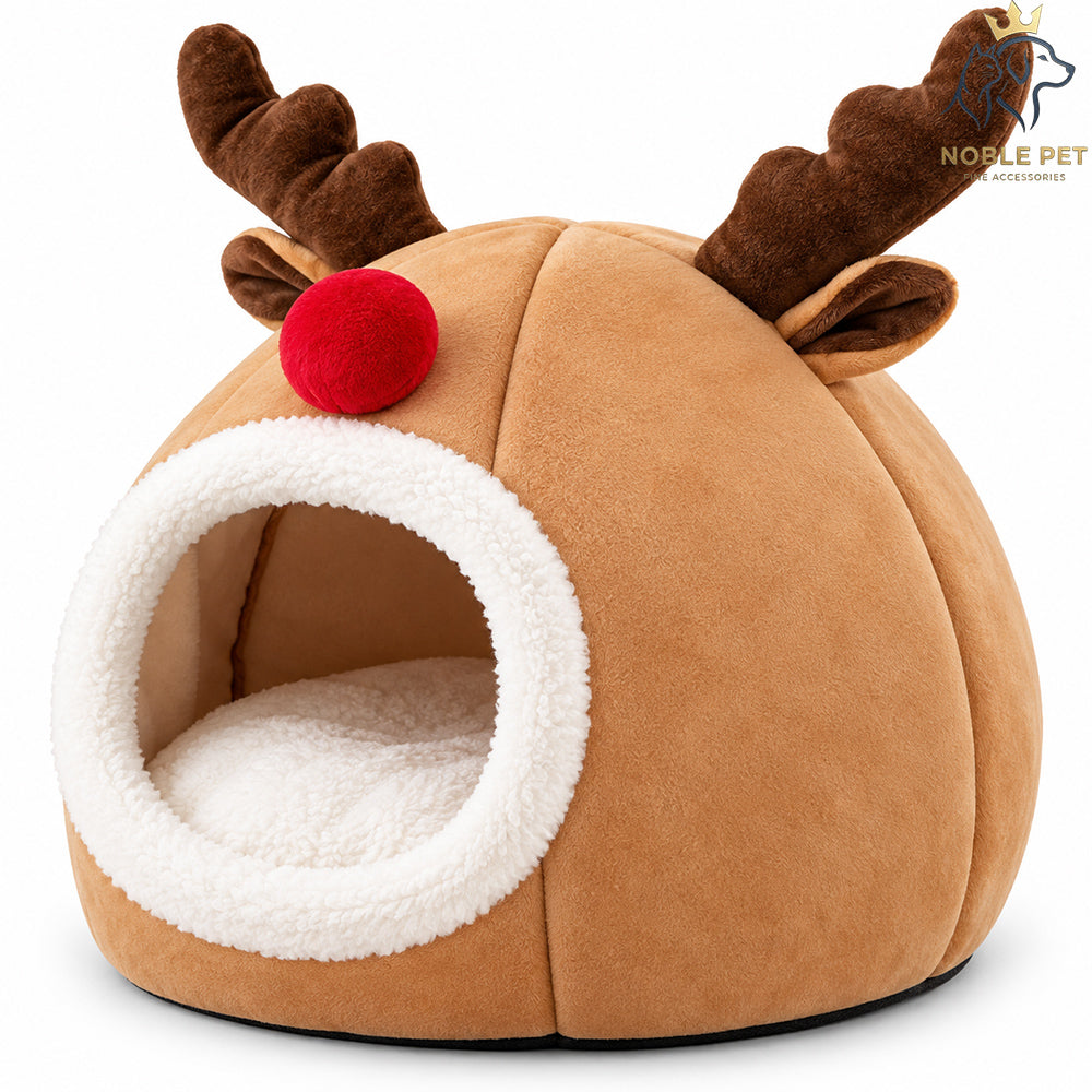 Christmas Noble Pet - Reindeer Igloo Cat Cave Bed, Brown – 40 cm