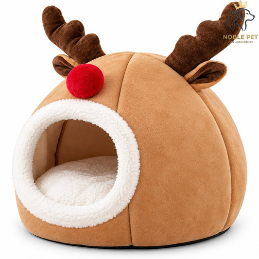 Christmas Noble Pet - Reindeer Igloo Cat Cave Bed, Brown – 40 cm