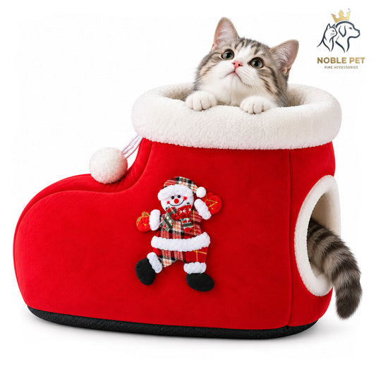 Christmas Noble Pet - Santa Boot Cat Cave Bed with Plush Trim – 50 cm