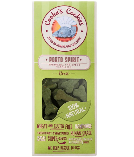 Cooka’s Cookies - dog Porto Spirit, Spirulina, Apple, Flaxseed, Dog Treat - Detox Support, Skin & Coat, All Life Stages, All Breed Sizes - 100 g