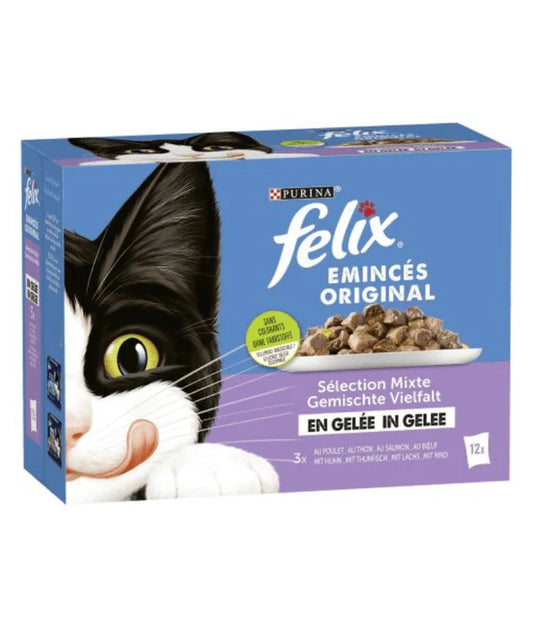 Purina Felix - cat Tender Shredded Wet Food in Jelly – Beef, Salmon, Chicken & Tuna, Adult 12x85g
