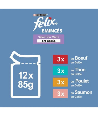Purina Felix - cat Tender Shredded Wet Food in Jelly – Beef, Salmon, Chicken & Tuna, Adult 12x85g