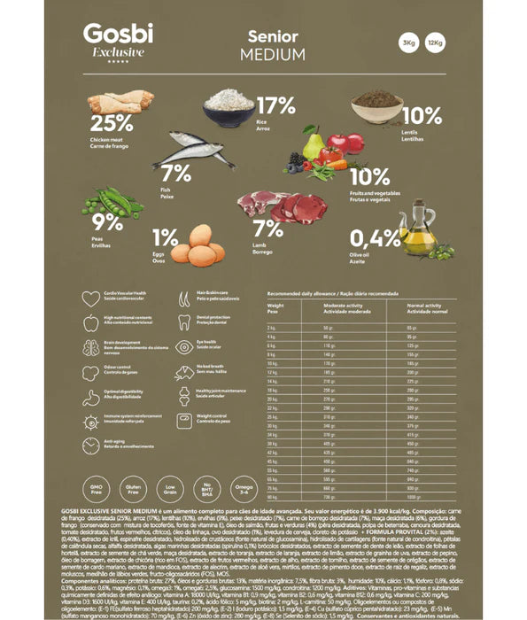 Gosbi - dog Exclusive, Hypoallergenic Chicken Senior Dry Food For Medium and Large Breeds 3kg, 12kg