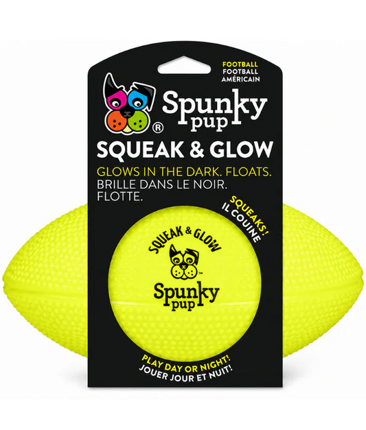 Spunky Pup - Squeak & Glow Football, Glow-in-the-Dark Floating Dog Fetch Toy, Squeaky Textured Football