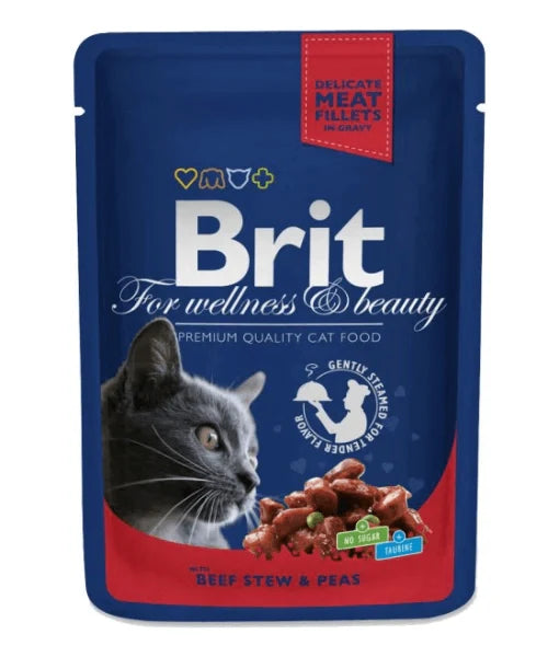 Brit Premium - Cat Pouches with Beef Stew & Peas in Gravy, Adult, Cat Wet Food - 100g