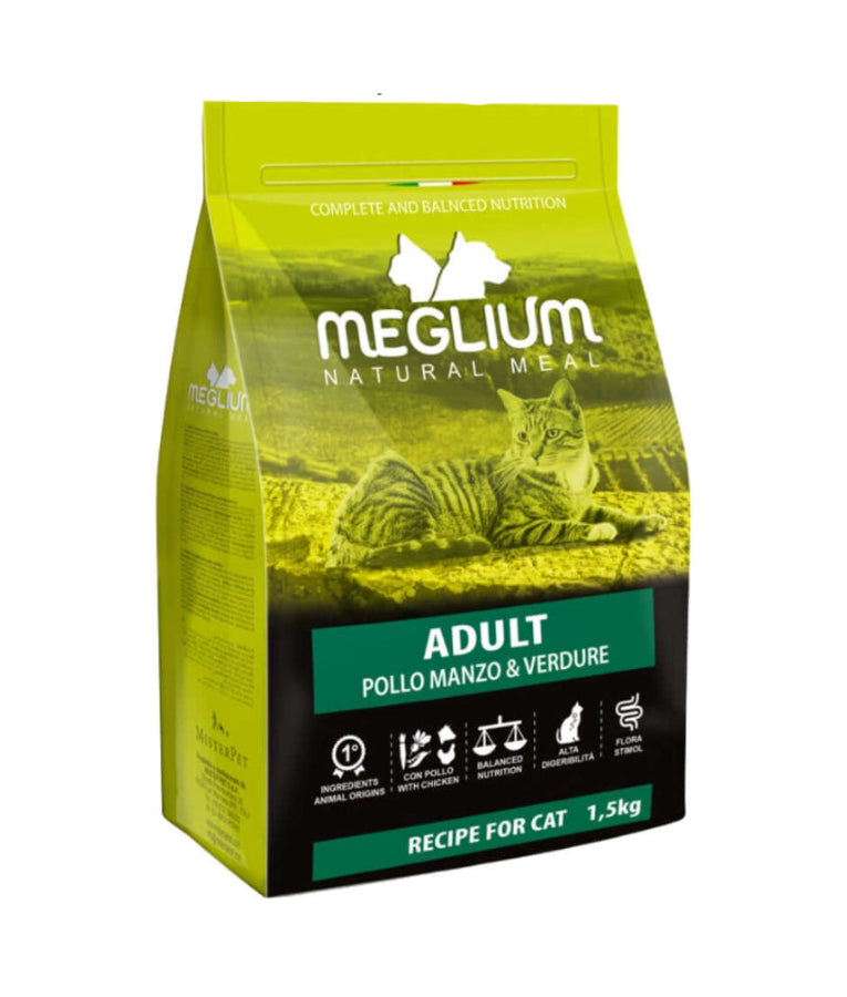 Meglium - Cat Natural Meal With Chicken, Beef & Vegetables, Complete Balanced Nutrition, Adult, Dry Cat Food - 1.5kg