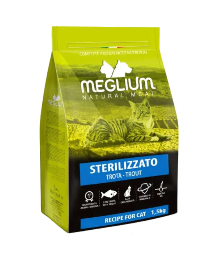 Meglium - Cat Natural Meal With Trout, Sterilised High-Protein Formula, Adult, Dry Cat Food - 1.5kg