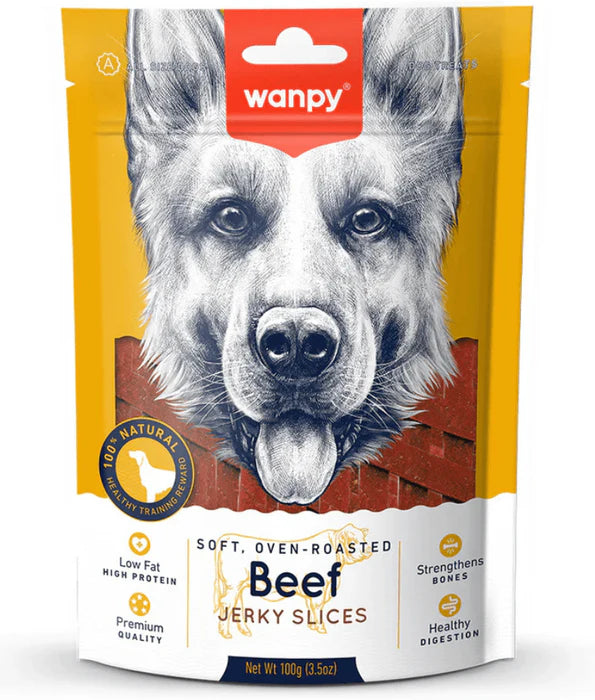 Wanpy - dog Baked Soft Real Beef Jerky Slices, High Protein, Low Fat, Adult All Breed Sizes Dog Treat Dry Dog Food - 100g