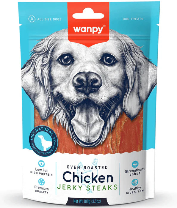 Wanpy - dog Chicken Jerky Steaks, High Protein, Low Fat, Healthy Digestion, All Life Stages, All Breed Sizes Dry Dog Food - 100 g