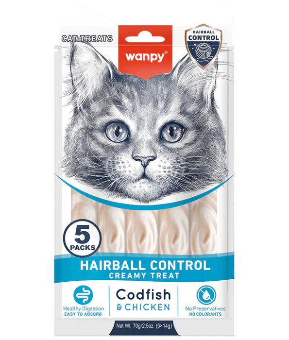 Wanpy - cat Creamy Lickable Codfish & Chicken Treat, Hairball Control, Adult Cat - 70 g