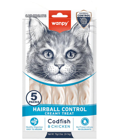 Wanpy - cat Creamy Lickable Codfish & Chicken Treat, Hairball Control, Adult Cat - 70 g