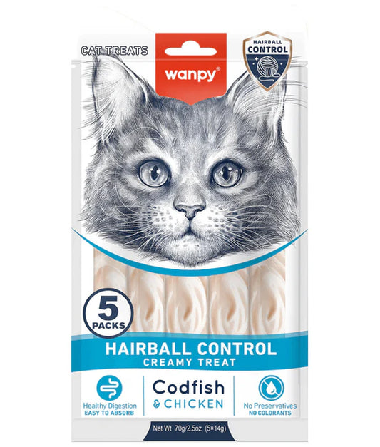 Wanpy - cat Creamy Lickable Codfish & Chicken Treat, Hairball Control, Adult Cat - 70 g