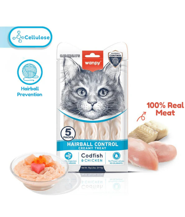 Wanpy - cat Creamy Lickable Codfish & Chicken Treat, Hairball Control, Adult Cat - 70 g