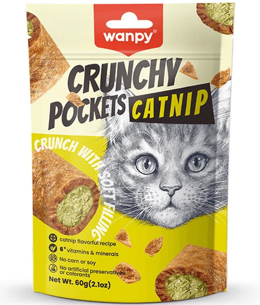 Wanpy - Crunchy Pockets Catnip & Chicken Recipe, Cat Treat, Chicken & Catnip, Dual Texture Crunchy Shell & Soft Center, All Life Stages - 60 g