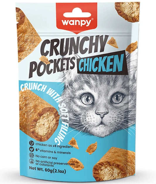 Wanpy - Crunchy Pockets Chicken Recipe, Cat Treat, Chicken, Dual Texture Crunchy Shell & Soft Center, All Life Stages - 60 g