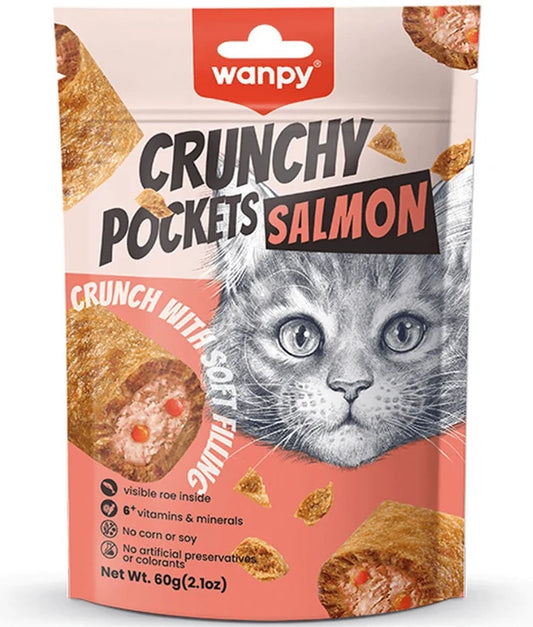 Wanpy - Crunchy Pockets Salmon & Roe Recipe, Cat Treat, Salmon & Fish Roe, Double Texture Treat, All Life Stages - 60 g