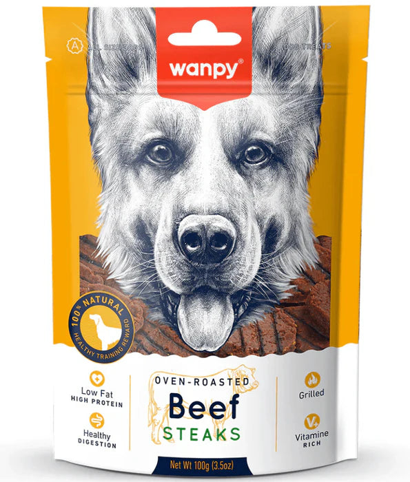 Wanpy - dog Grilled Beef Steak Treat, High Protein, Oven-Roasted, All Life Stages, All Breed Sizes – 100 g