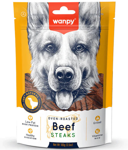 Wanpy - dog Grilled Beef Steak Treat, High Protein, Oven-Roasted, All Life Stages, All Breed Sizes – 100 g