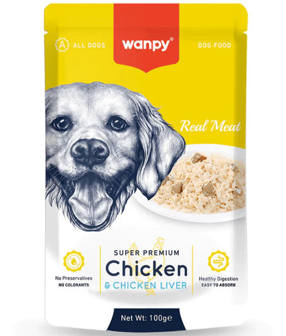 Wanpy - dog Pouch Chicken & Liver Fillet, Wet Dog Food, Chicken, Chicken Liver, Easy Digestion, All Life Stages, All Breed Sizes - 100 g